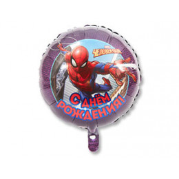 M Agm Шар (18"/46см) Круг, РУС С ДНЕМ РОЖДЕНИЯ Челов-Паук, S60, 1 шт.