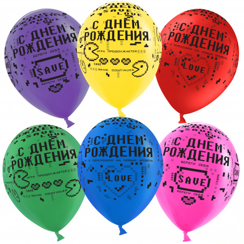 В.В. Шар (12''/30 см) С Днем Рождения (пиксели), Ассорти, лайт, пастель, 5 ст, 50 шт.