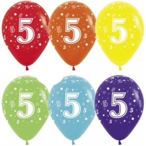 S Шар (12''/30 см) Цифра 5 (звезды), Ассорти, пастель, 5 ст, 12 шт.