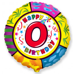 M FM Шар (18''/46 см) Круг, Цифра 0, Happy Birthday, 1 шт.