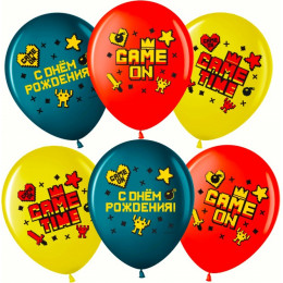 В.В. Шар (12''/30 см) Game Time, С Днем Рождения!, Ассорти, пастель, 2 ст, 25 шт.