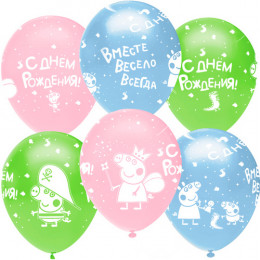 О Шар (12''/30 см) Свинка Пеппа, С Днем Рождения!, Ассорти, пастель, 5 ст, 25 шт. 
