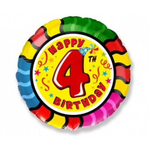 M FM Шар (18''/46 см) Круг, Цифра 4, Happy Birthday,1 шт.