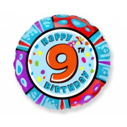 M FM Шар (18''/46 см) Круг, Цифра 9, Happy Birthday, 1 шт.