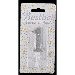 Свеча цифра "1" глиттер серебро Silver
