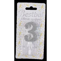 Свеча цифра "3" глиттер серебро Silver