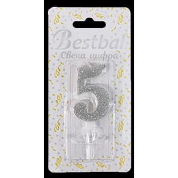 Свеча цифра "5" глиттер серебро Silver