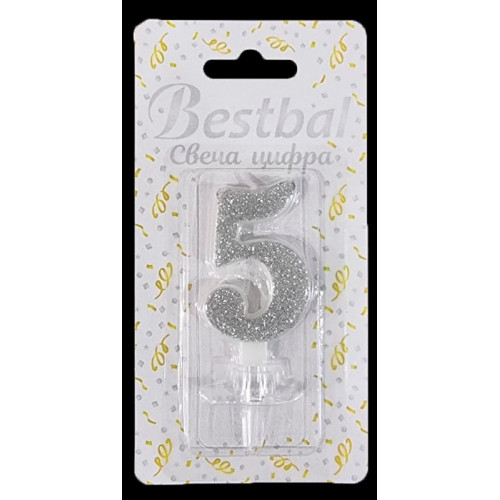 Свеча цифра "5" глиттер серебро Silver