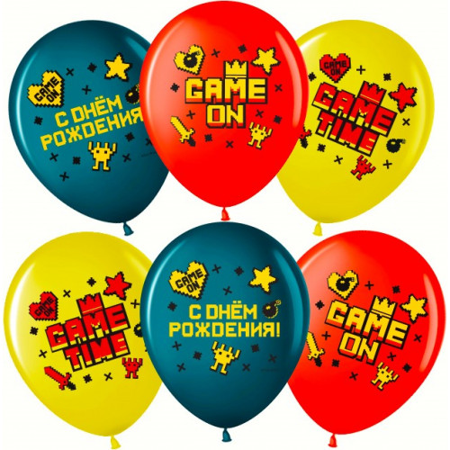 В.В. Шар (12''/30 см) Game Time, С Днем Рождения!, Ассорти, пастель, 2 ст, 25 шт.